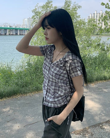 Enha Check Hood String Shirt
